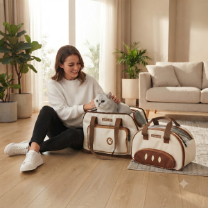 ToastiePet cat carrier for moving with woman relaxing at home with her cat