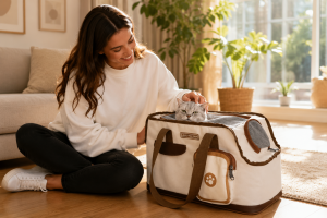 Soft-sided breathable cat carrier for moving with cat peeking out comfortably