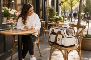 Woman with ToastiePet cat carrier for moving sitting at an outdoor cafe