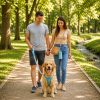 portable-dog-water-bottle-travel-cup A light blue portable dog water bottle and travel cup clipped to a bag while a couple walks their golden retriever in a park.