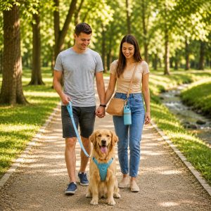 portable-dog-water-bottle-travel-cup A light blue portable dog water bottle and travel cup clipped to a bag while a couple walks their golden retriever in a park.