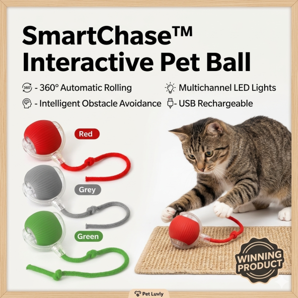 Keep your cat active and entertained with the SmartChase™ Interactive Cat Ball. Featuring automatic rolling motion, intelligent obstacle avoidance, LED lights, USB charging, and 3 exciting play modes, this smart toy delivers endless stimulation for indoor cats.
