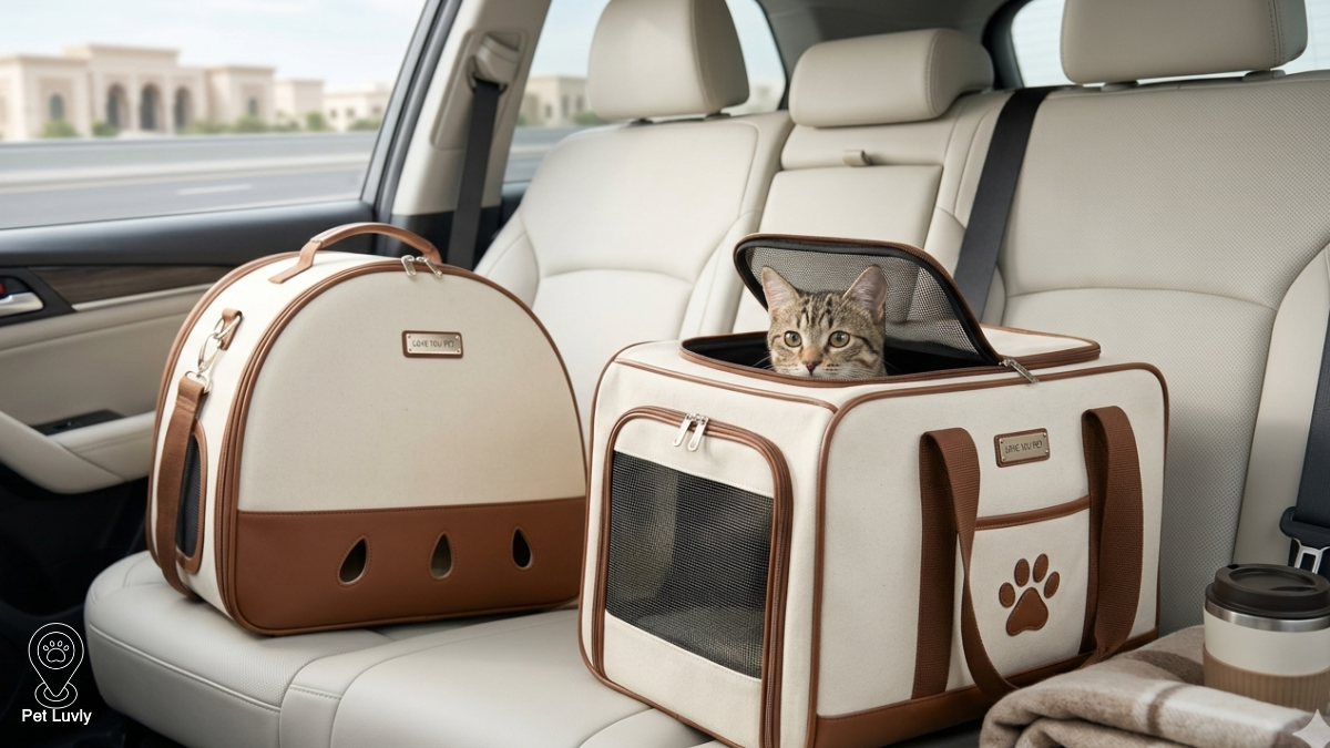 A sturdy cat carrier with a calm cat inside, ready for safe pet travel
