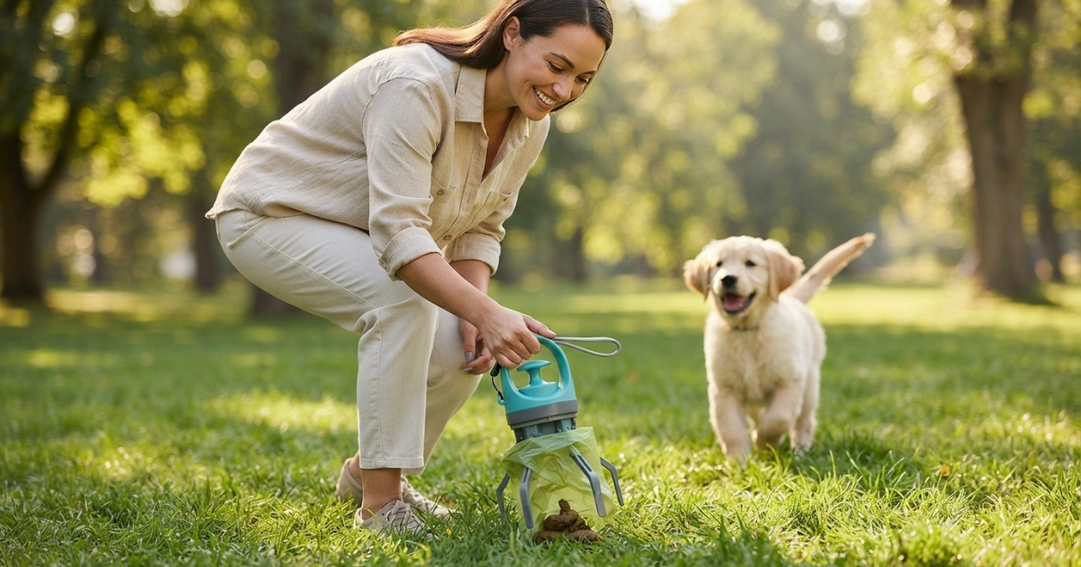 A woman hygienically cleaning up dog waste in a park using an ergonomic, portable dog poop scooper, while her happy golden retriever puppy plays in the background.