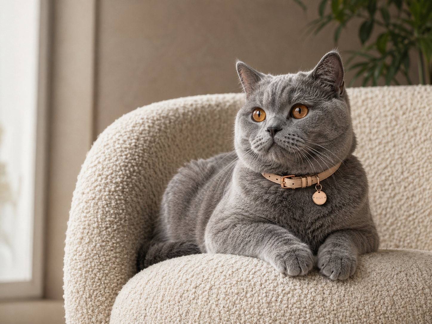 British Shorthair cat wearing a luxury beige leather collar in a modern Scandinavian home - Pet Luvly Feline Sanctuary