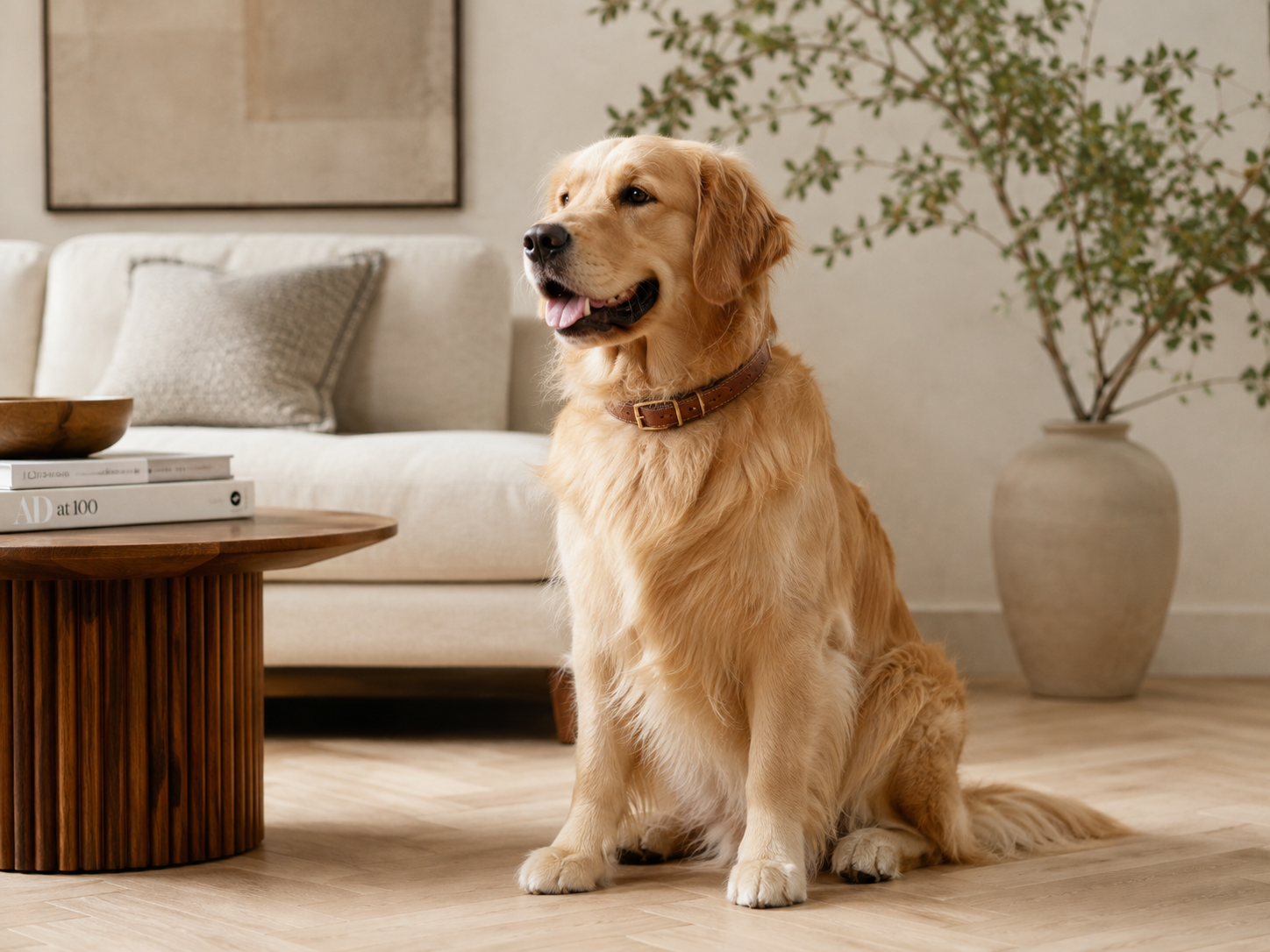 Golden Retriever wearing a premium tan leather collar in a bright modern living room - Pet Luvly Loyal Companion Suite