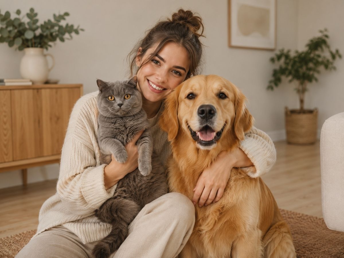 Pet Luvly - Happy pet owner with dog and cat luxury essentials banner